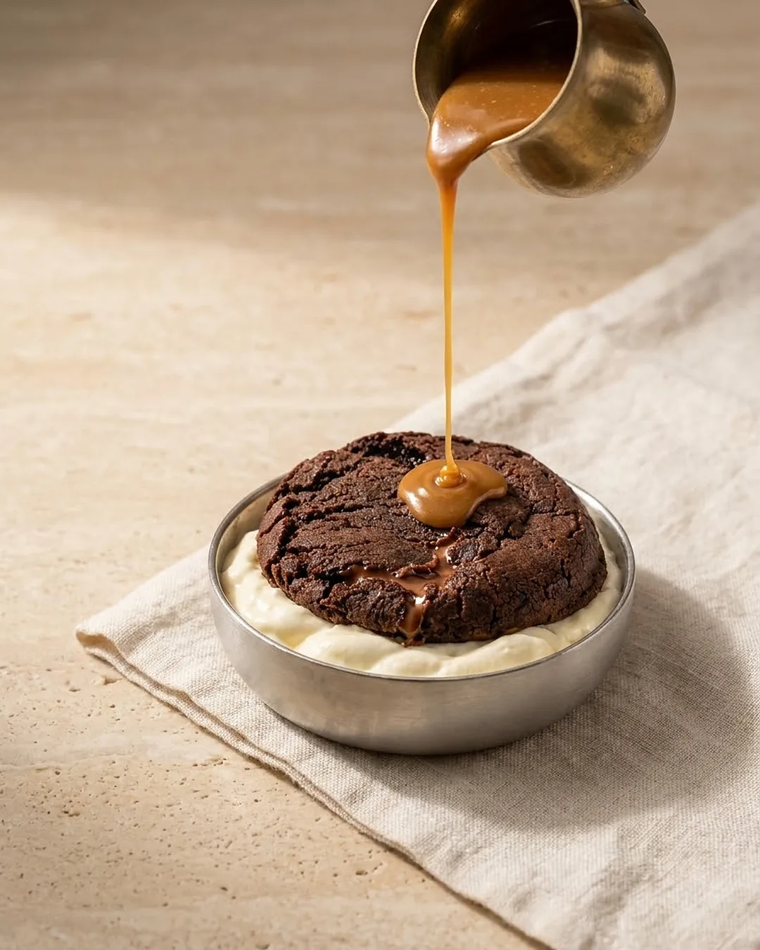 Warm caramel poured from a brass jug onto a dessert in a steel bowl, on linen and travertine