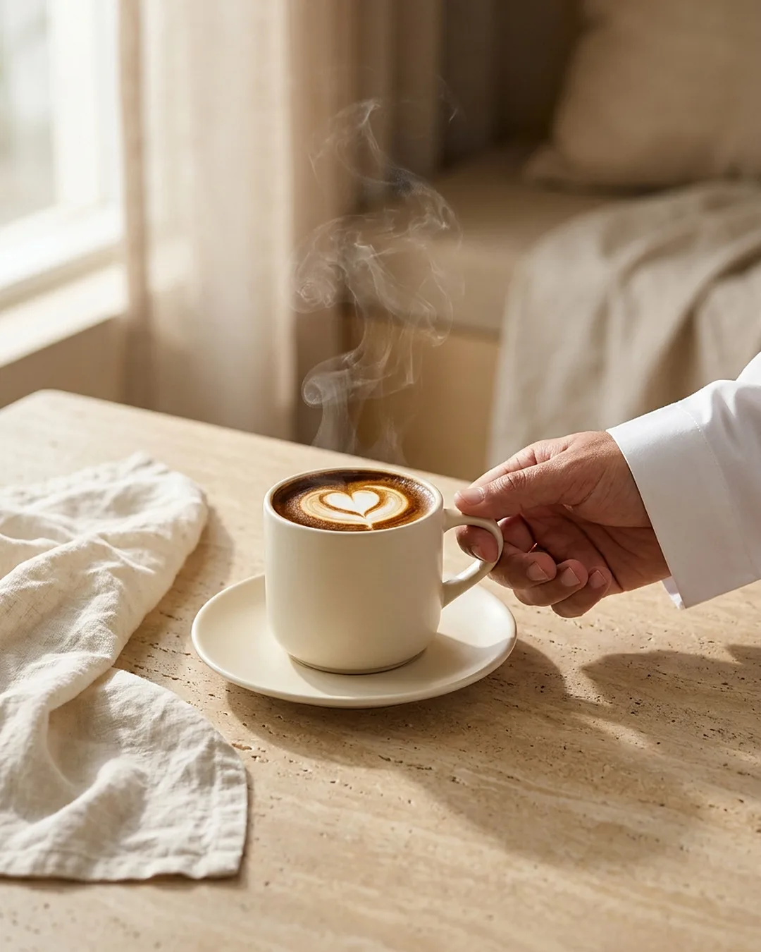 A hot latte on a travertine table in morning light, a hand in a white thobe cuff on the cup